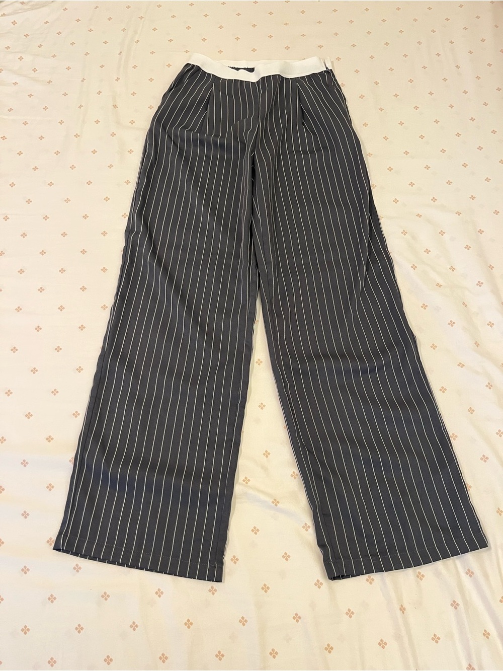 Forever 21 Navy Pinstripe Wide-Leg Pants with White Waistband